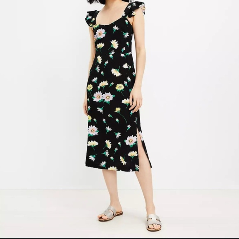 LOFT Black Floral Midi Dress with Pastel Flowers